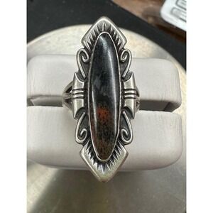 Sterling Silver Oblong Stamp Work Petrified Wood Oval Cabochon Stone Ring Sz 5.5